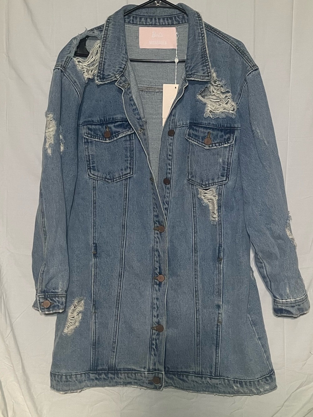 Barbie x Missguided Distressed Ripped Long Length Denim Jacket Size 8 NWT
